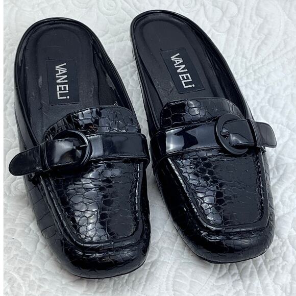 Vaneli Black Crocodile Embossed Leather Slip On Summer Slides Shoes - Size 7M - Picture 1 of 11